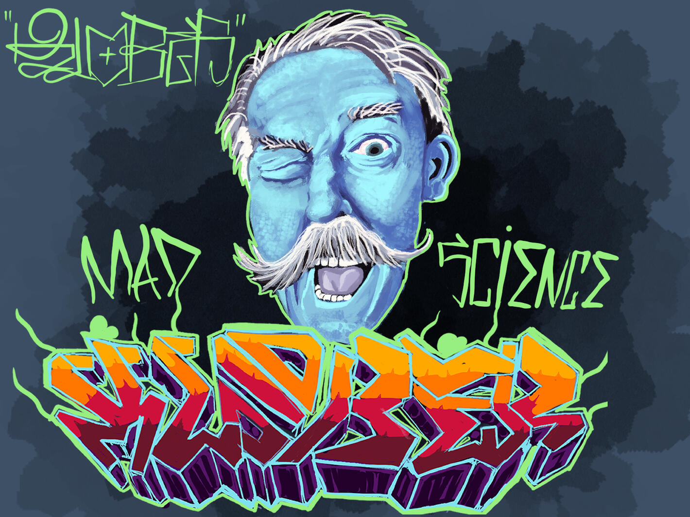Custom vibrant digital portrait illustration of an eccentric elder with a mad scientist vibe, featuring bright neon colors and urban graffiti typography, designed for streetwear apparel and fine art prints by VanGalder Murals