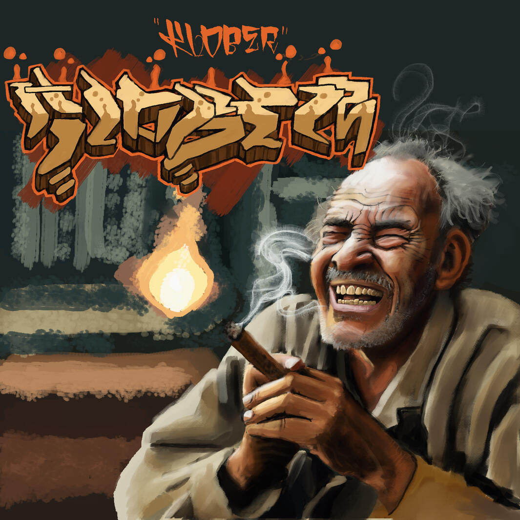 Custom emotive digital portrait illustration of a smiling elderly man smoking a cigar, paired with urban graffiti lettering, designed for streetwear apparel and fine art prints by VanGalder Murals