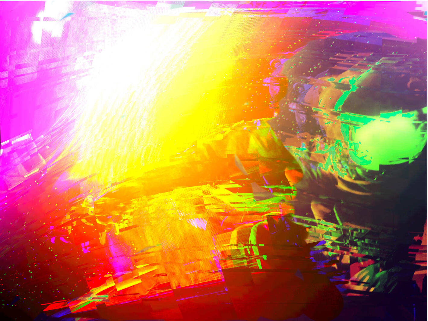 Vibrant digital abstract artwork of a cosmonaut featuring neon pink, yellow, and green glitch aesthetics, available as a fine art canvas print by VanGalder Murals