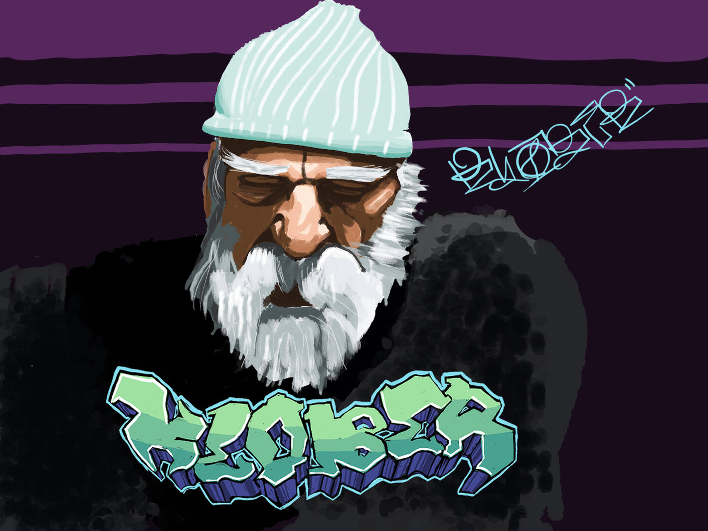 Custom emotive digital portrait illustration of a solemn elderly man with a white beard and beanie, featuring hip-hop graffiti typography, designed for streetwear graphics and fine art prints by VanGalder Murals