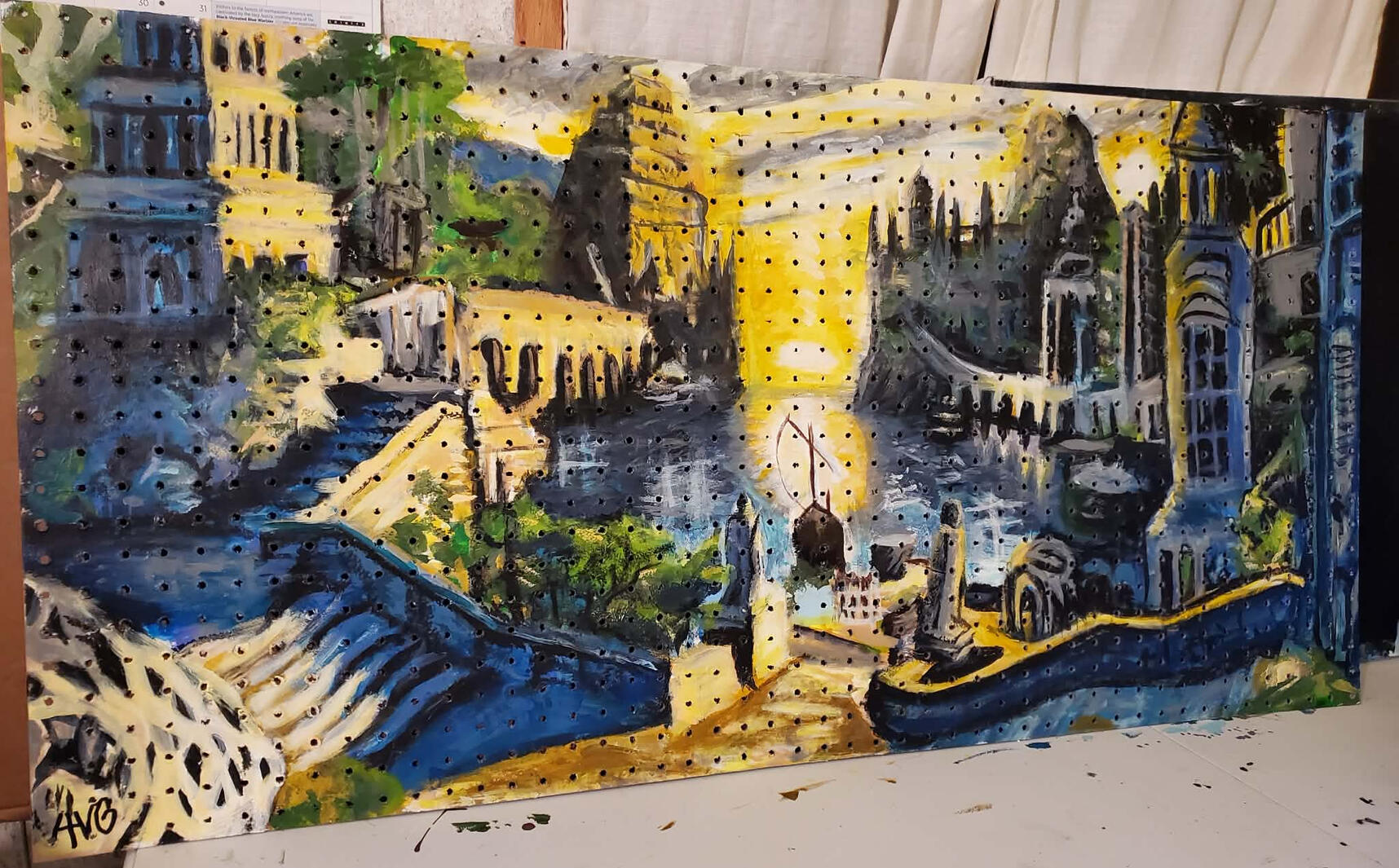 Custom hand-painted functional art piece depicting the Rivendell landscape from Lord of the Rings on a pegboard designed as a jewelry display and bespoke wedding gift by VanGalder Murals