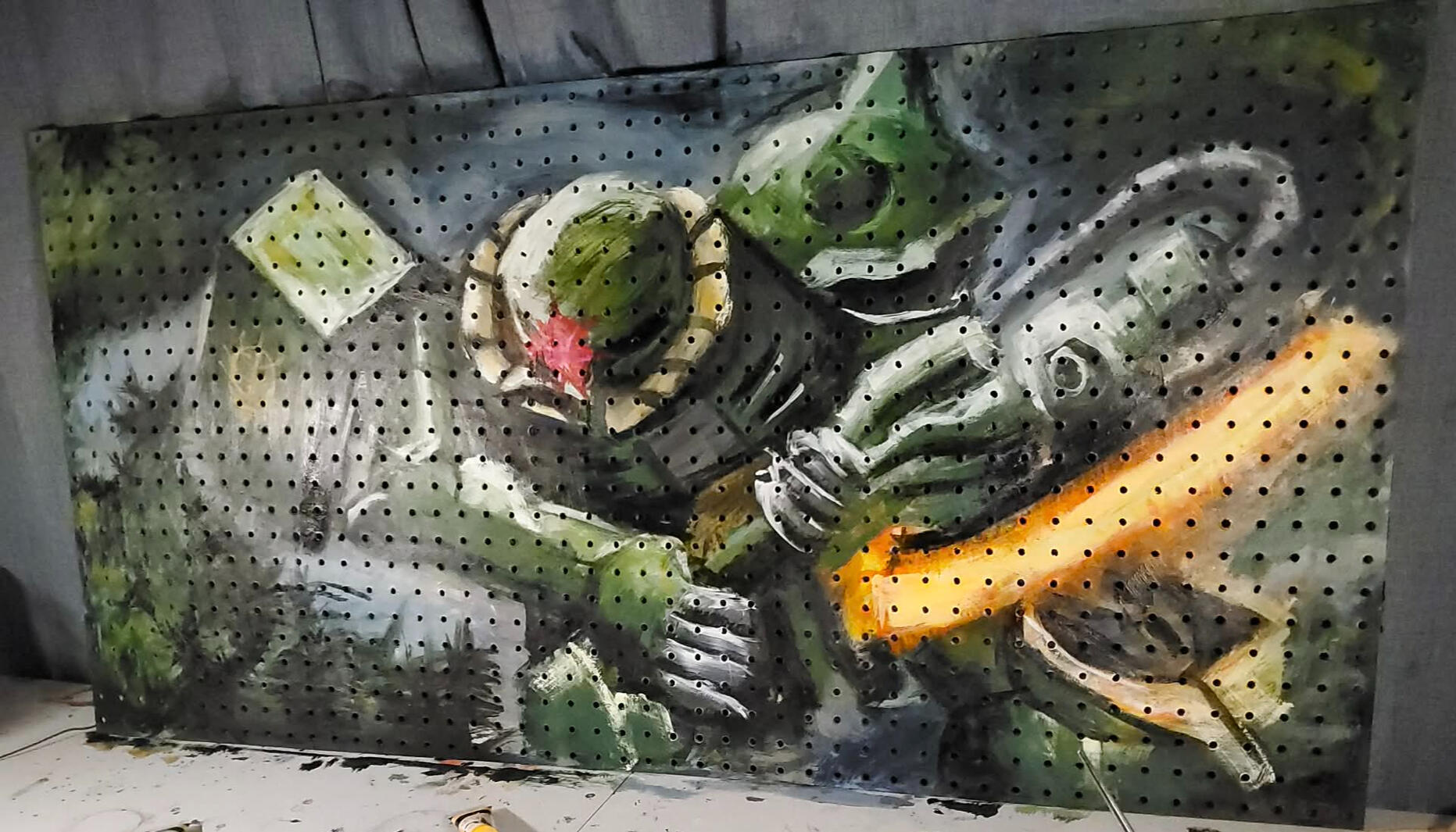 Custom hand-painted functional art piece depicting a dynamic Gundam anime character on a pegboard, designed as a model kit display and bespoke graduation gift by VanGalder Murals