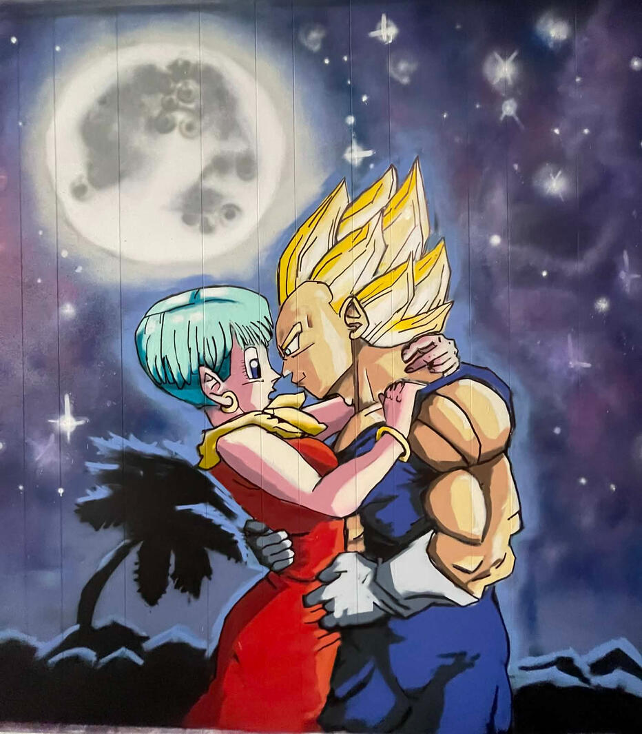 Custom hand-painted residential interior mural featuring a romantic embrace between Super Saiyan Vegeta and Bulma from Dragon Ball Z under a detailed starry night sky and full moon by VanGalder Murals
