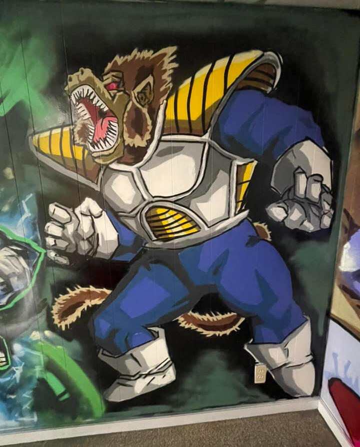 Custom hand-painted Vegeta Great Ape transformation anime wall mural for private residential man cave interior by VanGalder Murals